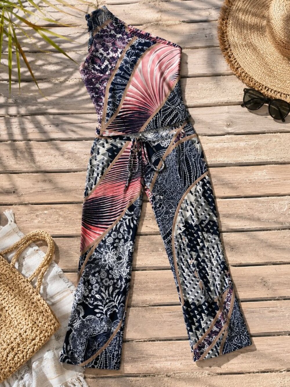 BAMBAM One Shoulder Wide Leg Jumpsuit Resort Vacation Beach Size Medium - Picture 2 of 7